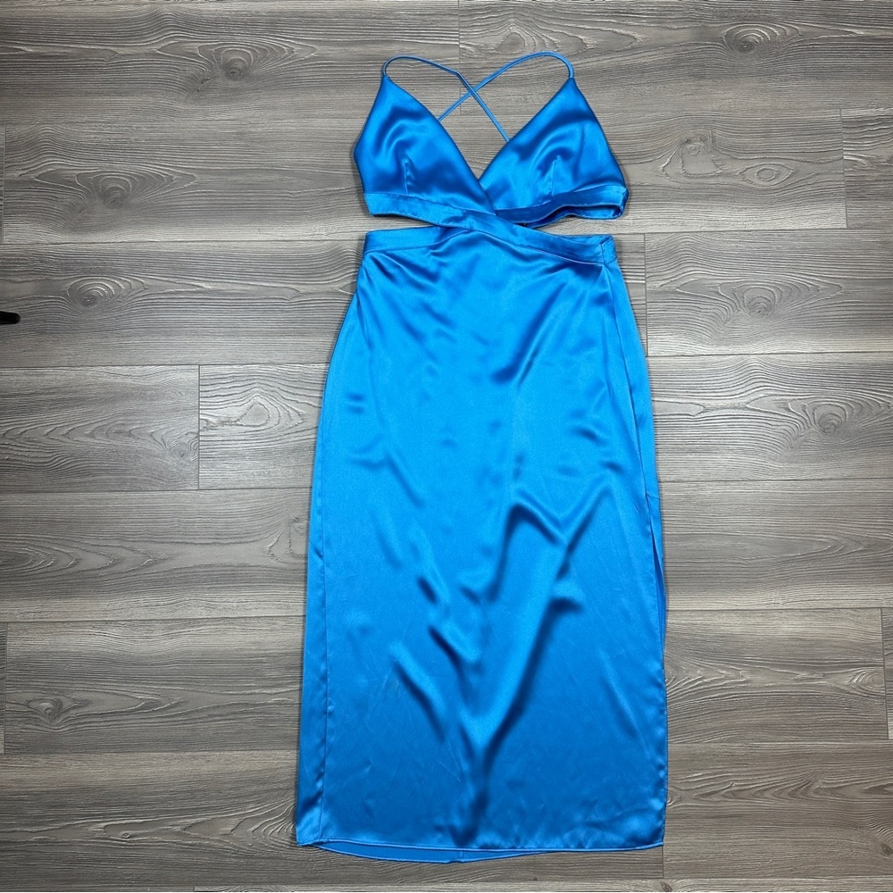 ZARA Blue Satin Cutout Midi Dress Criss Cross Back Date Night Cocktail L